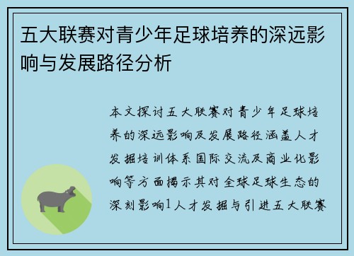 五大联赛对青少年足球培养的深远影响与发展路径分析