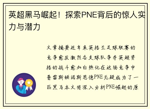 英超黑马崛起！探索PNE背后的惊人实力与潜力